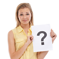 Image showing Question mark, portrait or confused woman with sign or doubt for decision or problem solving in studio. Asking, worried face or upset model with why icon or board for solution on white background