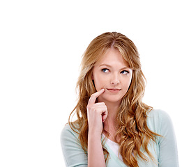 Image showing Woman, face and thinking or solution in studio for problem solving, contemplating or wondering on mockup space. Person, thoughtful or daydreaming with confidence, decision or hand on white background