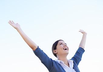 Image showing Celebration, cheering and excited with woman, winner and happiness with mockup space and success. Person, gratitude and girl with victory and wellness with goals and motivation with promotion and wow