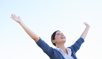 Image showing Celebration, cheering and smile with woman, achievement or happiness with mockup space and omg. Person, winner or girl with victory or wellness with goals or motivation with promotion, wow or excited