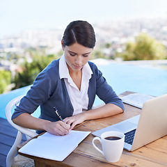 Image showing Woman, writing notes and remote work with laptop, notebook and morning coffee for schedule and agenda. Planning, information and research with tech, journalist with ideas for article and busy outdoor