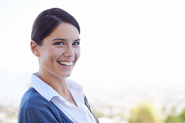 Image showing Business, woman and portrait or happiness outdoor with mock up space, good mood and excited professional. Entrepreneur, person and face with smile, confidence and pride in nature, city and urban town