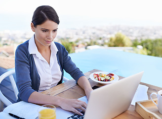 Image showing Swimming pool, business and woman with a laptop, typing and connection with entrepreneur and vacation. Person, healthy meal and employee with computer and view with research for a project and network