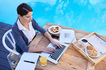 Image showing Top view of woman, typing on laptop and remote work, planning day for schedule or agenda with breakfast outdoor. Research, online and technology, journalist with ideas for article and documents