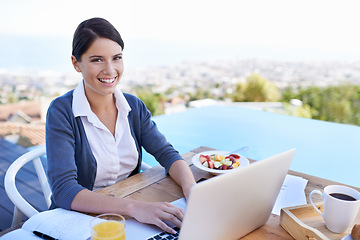 Image showing Woman, typing on laptop and remote work in portrait, plan day for schedule or agenda with breakfast outdoor. Research, online and connectivity with tech, journalist with ideas for article and smile