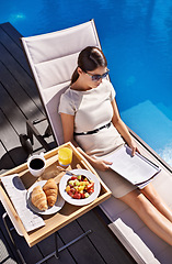 Image showing Breakfast, documents and business woman poolside, reading information on work trip from above. Food, paper and woman employee sitting outdoor at hotel swimming pool for contract review or hospitality