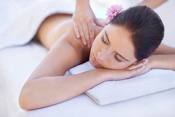 Image showing Relax, massage and woman at spa with flower for health, wellness and luxury holistic treatment. Self care, peace and girl on table with masseuse for body therapy, sleep and rest with hotel service