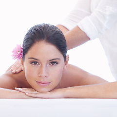 Image showing Relax, massage and portrait of woman on bed with smile for health with luxury holistic treatment. Self care, peace and girl on table with masseuse for body therapy, wellness and hotel spa service.