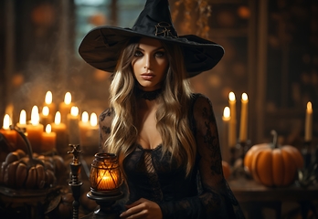 Image showing In the daylight of Halloween, a captivating girl dons a bewitching costume, casting a spell of allure and enchantment