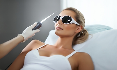 Image showing Modern woman undergoes laser hair removal therapy, embracing contemporary beauty techniques for smooth and hair-free skin.