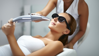 Image showing Modern woman undergoes laser hair removal therapy, embracing contemporary beauty techniques for smooth and hair-free skin.