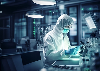 Image showing Mysterious doctor in a suit examines hazardous materials using a microscope in a professional office setting.