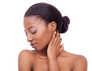 Image showing Skincare, hand and beauty of black woman with eyes closed for glow isolated on a white studio background. Touch, makeup and model in cosmetics, dermatology and spa facial treatment for smooth skin