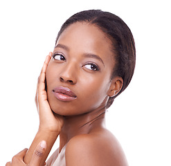 Image showing Face, skincare and black woman with beauty in studio, white background and cosmetics mockup. African, model and healthy glow on skin from dermatology, makeup or person with confidence and pride