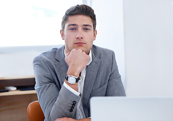 Image showing Portrait, thinking and business with man, professional and confident guy in a workplace and accountant. Face, person or broker with a laptop or ideas with opportunity and problem solving with project