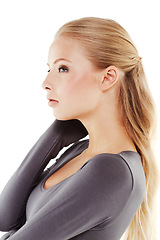 Image showing Woman, profile and makeup with beauty in studio and white background for skincare. Gen z, model and natural glow on face from cosmetics, dermatology or treatment on skin and shine in hair care