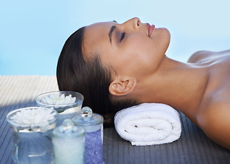 Image showing Sleeping, pool or face of woman in resort for wellness, cosmetics or hospitality to relax in hotel. Calm peace, scented candles or zen person in spa on holiday vacation for beauty, skincare or health