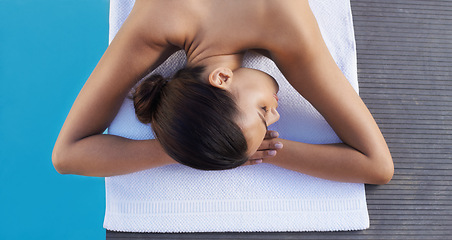 Image showing Relax top view or woman in spa ready for luxury treatment, facial skincare or beauty for wellness. Calm peace, healing therapy or zen female client on towel to start massage, detox or chemical peel