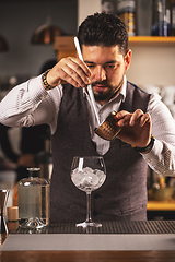 Image showing Expert bartender preparing a cocktail