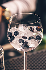 Image showing Elegant gin and tonic cocktail with blueberries