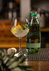 Image showing Refreshing fruit infused water in elegant glass