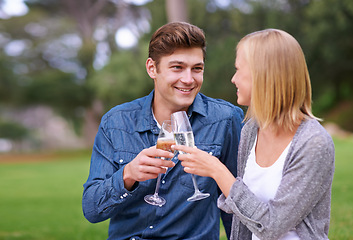 Image showing Park, picnic and cheers with couple, love and celebration with happiness and bonding together for Valentines day. Outdoor, man and woman with champagne and anniversary with romance and countryside