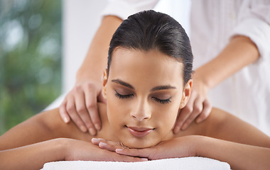 Image showing Spa, massage and wellness of a woman, luxury and weekend break with health therapy for zen treatment. Massage therapist hands for body care, relaxing and skin session of a customer feeling calm