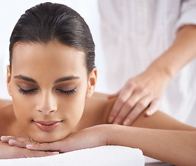 Image showing Spa, massage and wellness of a woman, peace and weekend break with health therapy for zen treatment. Body care, relaxing and skin session of a customer feeling calm with vacation and getaway trip