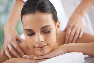 Image showing Spa, massage and wellness of a woman, calm and weekend break with health therapy for zen treatment. Person, body care and relaxing with stress relief or luxury with peace and skin session with client
