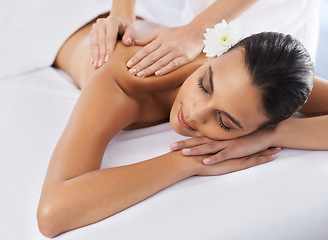 Image showing Woman, back massage and body treatment for healing, wellness and muscle therapy for bodycare. Female person, masseuse and health by dermatology, calm and resting at resort hotel and peace or zen