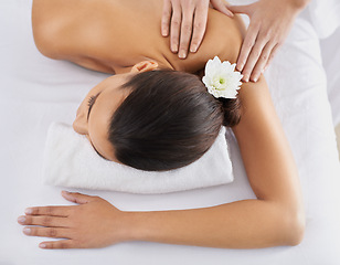 Image showing Woman, back massage and spa treatment for relaxing, wellness and physical therapy for body care. Top view, hands and nudity of female person on bed, beauty and resting for skincare and peace or zen