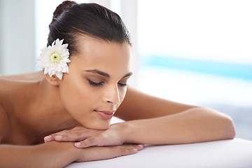 Image showing Woman, massage and organic treatment for relaxing, wellness and beauty therapy for body care. Female person, calm and serene or dermatology, cosmetics and resting at resort hotel and peace or zen