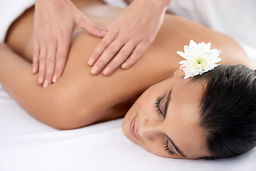 Image showing Woman, back massage and beauty treatment for relaxing, wellness and muscle therapy for body care. Female person, masseuse and health by dermatology, calm and resting at resort hotel and peace or zen