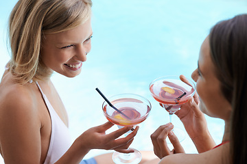 Image showing Friends, relaxing and laughing with alcohol at pool, bonding and drinking cocktail on vacation. People, communication and outdoors for funny conversation on holiday, weekend trip and travel to resort