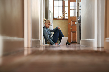 Image showing Woman, freelancer or laptop on floor for remote work and internet connection for information. Female person, relax or editor on website for research or online news or typing an article on technology