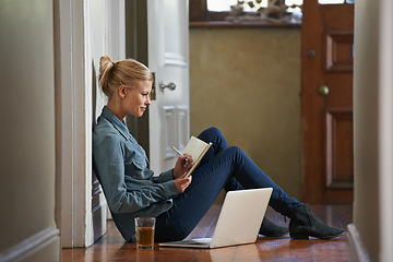 Image showing Woman, floor or writing notes for remote work or internet connection with laptop, blog or post. Freelancer, relax or female editor with notebook for research or working on article in journal or diary