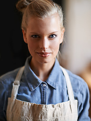 Image showing Woman, portrait and chef or apron with confidence in restaurant or preparing meal, nutrition or hospitality. Female person, waitress and face or cooking as career or customer service, dinner or lunch