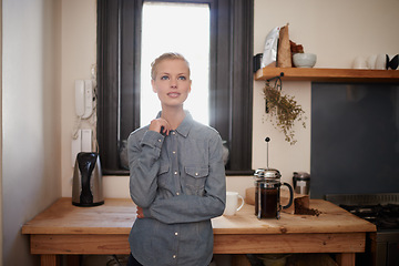 Image showing Woman, thinking and coffee prepare in kitchen for morning breakfast by window for caffeine, espresso or holiday. Female person, thoughts and counter with french press for latte, weekend or beverage