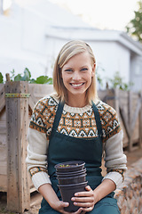 Image showing Happy, woman and gardening with portrait in backyard with planting, sustainability and smile. Green, eco friendly and outdoor with healthy plants for vegetable growing with a gardener and soil