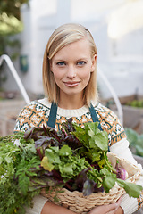 Image showing Gardening, vegetables and portrait of woman with plants for landscaping, planting flowers and growth. Agriculture, nature and face of person outdoors for environment, ecology and nursery in garden