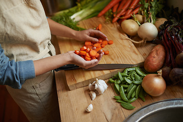 Image showing Hands, vegetables and cutting carrots for cooking in kitchen with onion or potato, leafy green or nutrition. Person, knife and garlic on counter for healthy wellness or salad diet, vegan or fibre