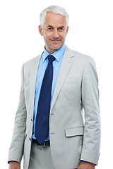 Image showing Studio, portrait or mature businessman for confidence in fashion suit and professional worker. Senior person, face or pride in accounting career in corporate clothes or positive by white background