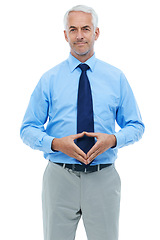 Image showing Studio, portrait or senior businessman for pride with hand gesture or professional worker by white background. Mature person, face or confidence in accounting career or employee with audit experience