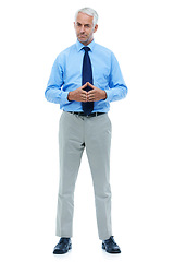 Image showing Studio, portrait or mature businessman for serious in suit or office worker with gesture by white background. Senior person, face or ambition in accounting career or professional with company mission