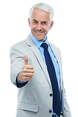 Image showing Senior businessman, portrait and thumbs up for approval in studio, agreement and thank you or great. Male person, ceo and happy entrepreneur on white background, positive feedback and promotion