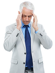 Image showing Studio, headache or mature businessman for frustrated in mockup or office worker with stress. Senior person, migraine and fatigue or burnout in accounting job or massage temples by white background