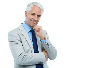 Image showing Thinking, portrait and mature businessman with confidence as lawyer in white background, studio and mockup. Professional, attorney and legal advisor for problem solving consultant in law or business