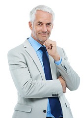 Image showing Happy, portrait and mature businessman with confidence as lawyer in white background, studio and mockup. Professional, attorney and pride as corporate legal advisor and consultant of law in business