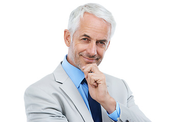 Image showing Confident, portrait and mature businessman or lawyer in white background, studio and mockup. Professional, attorney and pride as corporate legal advisor and consultant of law for business decision