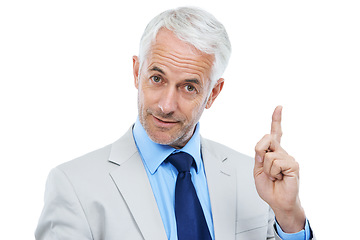 Image showing Senior man and pointing in white background with suit, advice and ideas for future plans. Presentation, professional and formal with experience in business for wisdom, announcement and development.